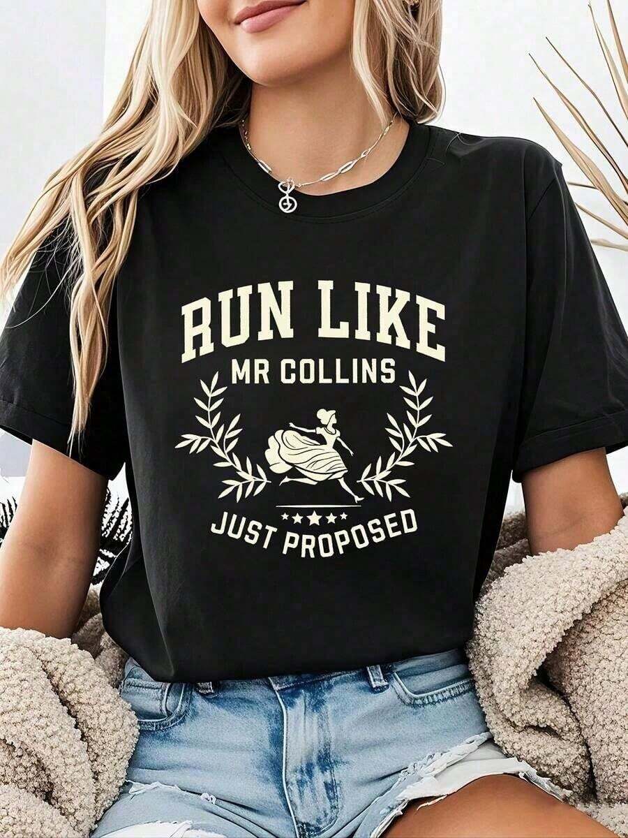 1 pieza - Camiseta de Mujer con Estampado Gráfico "Corre como el Sr. Collins, acaba de proponerlo", Manga Corta, Cuello Redondo, Top Casual para Verano y Primavera, Ropa de Mujer, 180g, 100% Algodón - Negro - Ver 1