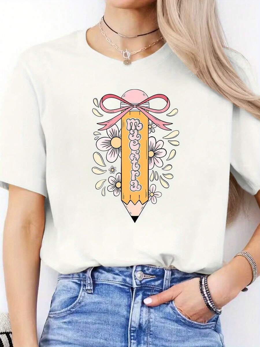 Camiseta Casual de Primavera Verano con Estampado de Letras en Español, Cuello Redondo, Manga Corta, Camiseta Deportiva, Top para Mujeres - Blanco - Ver 1