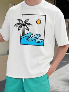 Basic Casual 1-Piece T-Shirt, 180 G/M², 100% Cotton - Tropical Palm Tree And White Wave Print, Short Sleeve, Round Neck, Casual Beachwear, Breathable, Summer And Spring Sportswear, Suitable For Gym, Vacation, Daily Wear - Loose Fit Y2K Style T-Shirt With Digital Pattern Design. - 黑色 - 查看 6