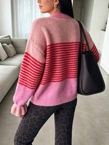 Women's Autumn/Winter New Knitted Cardigan, Pink Striped Patchwork, Round Neck Single-Breasted, Ruffle Cuff Design, Casual Elegant Sweet Style, Suitable For Daily Wear, School, Vacation - Multicolor - View 5