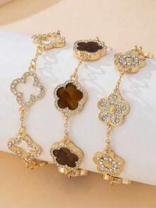 Set de 3 piezas de pulseras con encantos de trébol y flor hueca, joyería delicada y versátil de moda - Marrón - Ver 2