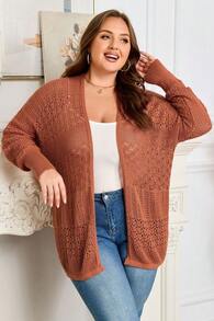 Cardigan Taglie Forti Marrone Ruggine con Motivo a Maglia Mista e Fronte Aperto - Marrone ruggine - Visualizzare 5