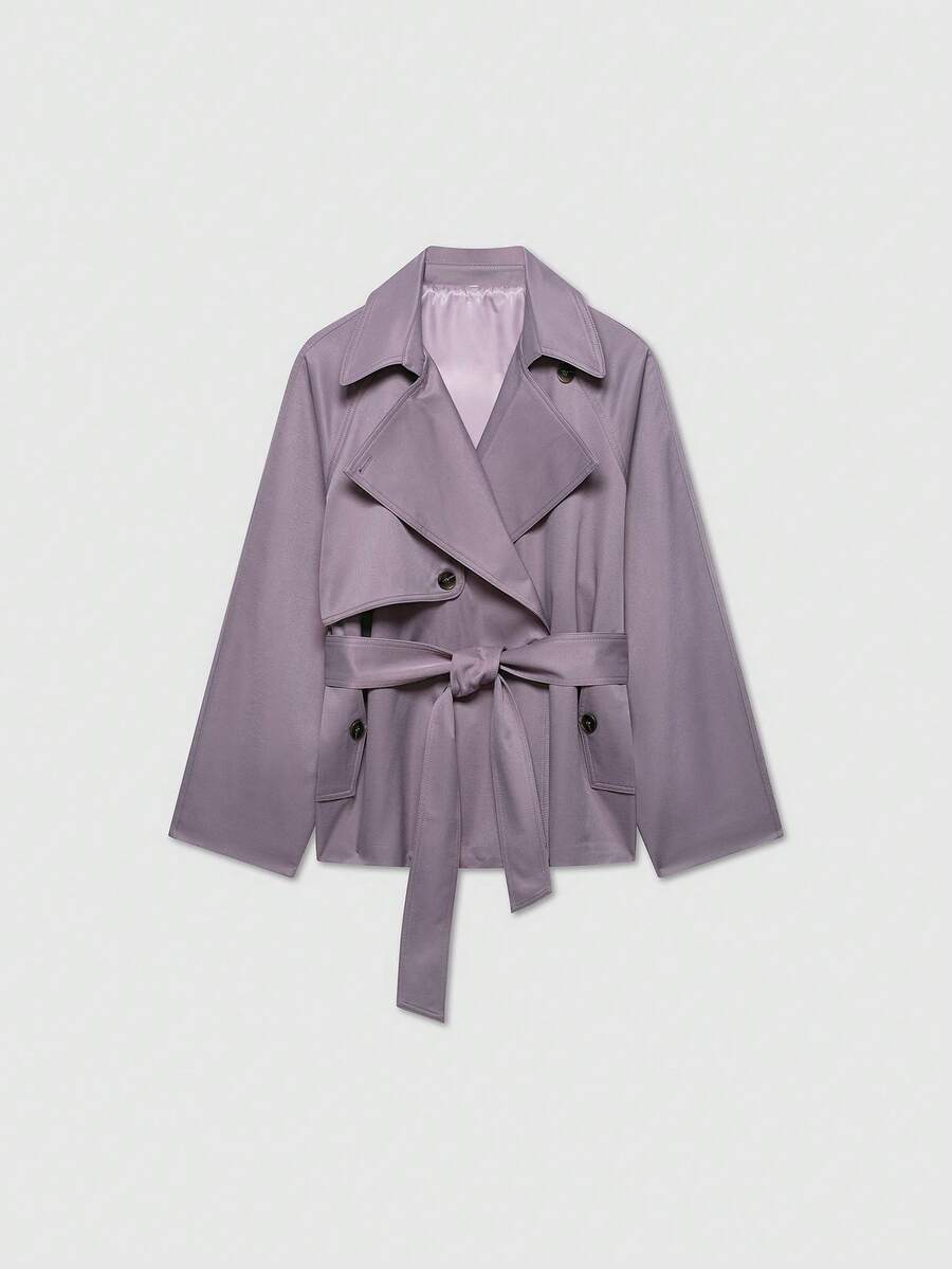 Abrigo trench de manga larga de uso diario versátil y casual con cintura anudada de unicolor para mujer - Púrpura neblina - Ver 1