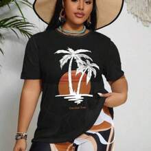 Swim Lushore Plus Size Women Summer Beach Wireless Tankini Set & Palm Tree Printed Short Sleeve Cover Up - Multicolor - Ver 1