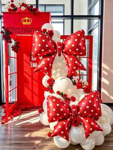 6pcs 38inch Red Bow Foil Balloon Set - White Heart Polka Dot Pattern, Perfect For Cherry Theme, Strawberry Theme, Birthday Party Decor, Princess/Queen Theme Party, Wedding Entrance Decor, Bachelorette Party, Valentine's Day, Bridal Wedding Decoration - Red - View 2