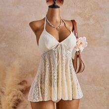 Women's Floral Lace Front Tie Halter Beach Dress With Bikini Bottom - Blanco - Ver 4