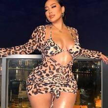 Swim  Plus Size Leopard Print 3-Piece Bikini Set For Beach In Summer - Rosa Fucsia - Ver 2
