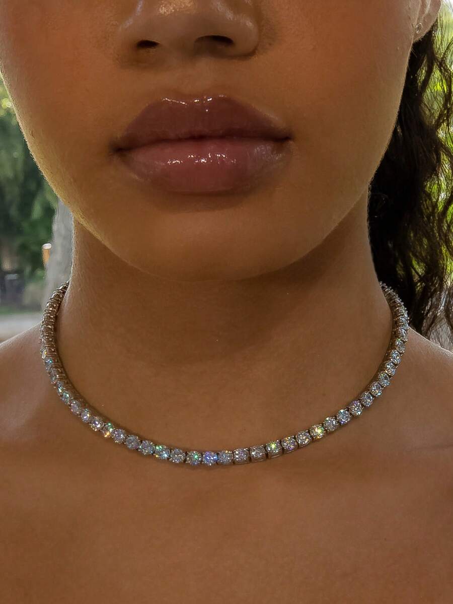 1pc Women's Diamond Encrusted Choker Necklace, Formal Occasion Wear Necklace - Silver - View 1