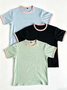 Camiseta de manga corta tipo pullover de 3 piezas con unicolor y patchwork de color de contraste para niña preadolescente, ropa infantil juvenil para estudiantes, top de verano, capa base de otoño/invierno, estilo casual de calle Ins para vacaciones, aeropuerto, desayuno, escuela y uso diario, versátil para combinar - Multicolor - Ver 5