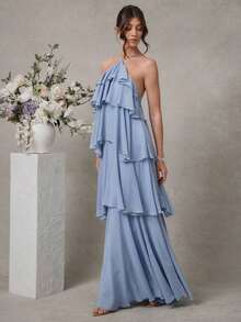 Vestido largo elegante y romántico de gasa con cuello de halter y volantes para invitados a una boda - Azul - Ver 4