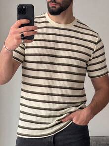 Men's Vintage Colorblock Striped Textured Short Sleeve T-Shirt, Loose Fit Round Neck Casual Versatile Commuter Top For Summer - White - View 3