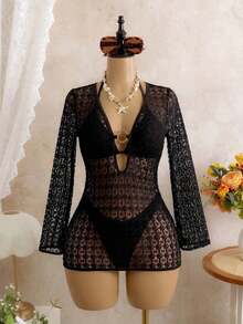 Conjunto de bikini de atar elegante y vintage de color marrón sólido para mujer, ideal para vacaciones y uso casual. Vestido con textura como cubierta de traje de baño, ropa de playa para primavera/verano - Negro - Ver 7