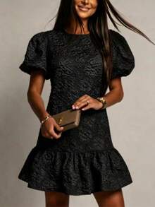 Women's White Short Dress Suitable For Parties, With Puff Sleeves, Round Neck And Ruffle Hem Design, Unique Fabric Texture Black - Black - View 4