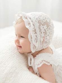 1 pièce Chapeau de bébé style palais vintage brodé, 0-3M, 3-10M (Beige/Blanc) - Petite fleur - Voir 6