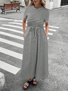 Women's Striped Round Neck Short Sleeve Tie Waist Pocket Casual Mid-Length Dress Women's Summer Dresses Women's Summer Outfits Casual Outfit For Women Dress Women's Summer Co Ord Maxi Dress With Pockets,Summer Dresses For Women - 彩色 - 查看 10
