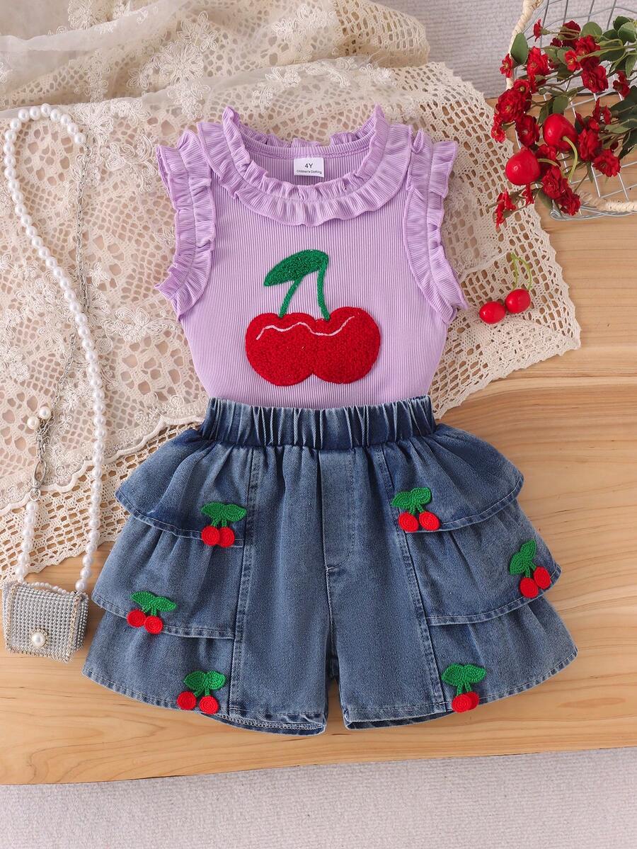 2pcs/Set Young Girl' Vintage Cute Frill Trim Cherry Embroidered Tank Top + Denim Skirt Summer Outfit - Lilac Purple - View 1