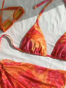 Conjunto de 3 piezas de traje de baño de bikini de unicolor y estilo sexy de halter para mujeres, conjunto de traje de baño, para vacaciones de verano en la playa - Multicolor 3 - Ver 4