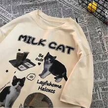 Camiseta de manga corta para mujer, de algodón puro, con diseño de gato al estilo americano, corte holgado, estilo para parejas, moderna y juvenil. - Blanco - Ver 5
