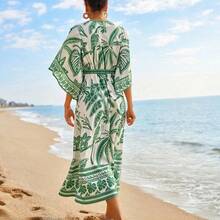 Retro Tropical Print V-Neck Casual Dress, Fall  Clothes, New Year, Wedding Guest Outfits, Elegant Graduation, Luxury Prom Dress, Casual Outfits - Verde - Ver 4