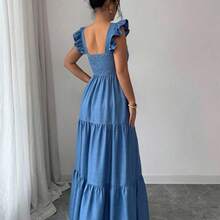 Elenzya Vestido largo de unicolor para mujer, vestido largo estilizante con cintura elástica y parches, elegante y de moda para uso diario, cenas y citas, primavera/verano - Azul - Ver 3