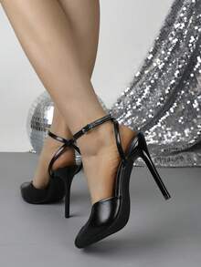 Square Toe High Heel Slip-On Sandals, Fashionable For Spring/Summer - Black - View 7