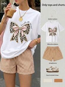 Conjunto Casual de 2 Piezas para Mujer Camiseta Manga Corta con Estampado de moño elegante detalles en rosa  y Shorts de Cintura Alta a Rayas estilo casual ideal diario vacaciones dulce - Camel - Ver 1