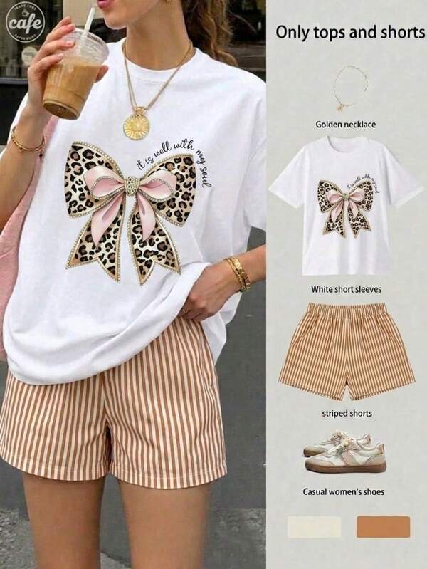 Conjunto Casual de 2 Piezas para Mujer Camiseta Manga Corta con Estampado de moño elegante detalles en rosa  y Shorts de Cintura Alta a Rayas estilo casual ideal diario vacaciones dulce