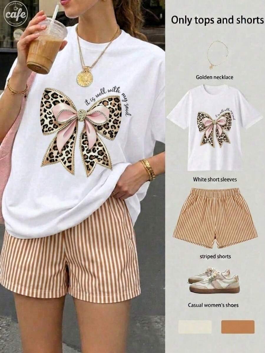 Conjunto Casual de 2 Piezas para Mujer Camiseta Manga Corta con Estampado de moño elegante detalles en rosa y Shorts de Cintura Alta a Rayas estilo casual ideal diario vacaciones dulce - Camel - Ver 1