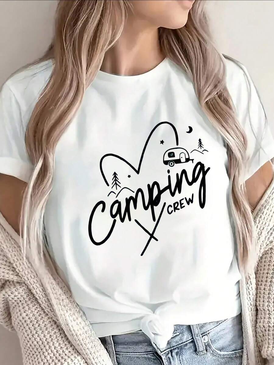 Camiseta de manga corta ligera y duradera con diseño de tulación de camping, i para actividades al e , perfectara excursiones naturistas y campamentos, que ofrece un uste cómodo para mujeres