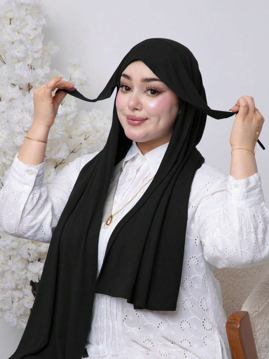 1件装女士速戴头巾，飘逸系带，经典纯色系带披肩围巾，优质针织面料，光滑柔软舒适，适合日常搭配长袍和假日穿着，也是配饰和旅行必备品。