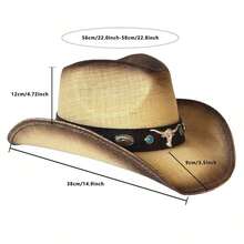1Pc Vintage Distressed Straw Cowboy Hat, Western-Style Wide-Brimmed Hat With Bull's Head And Turquoise Rivet Embellishments, Classic Western-Style Panama Hat, Suitable For Outdoor Sun Protection, Parties, And Outdoor Sports. - 黑色 - 查看 7