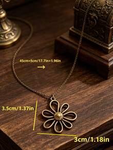 1pc Vintage Hollow Flower Alloy Necklace, Fashionable For Women - Old Gold - View 2
