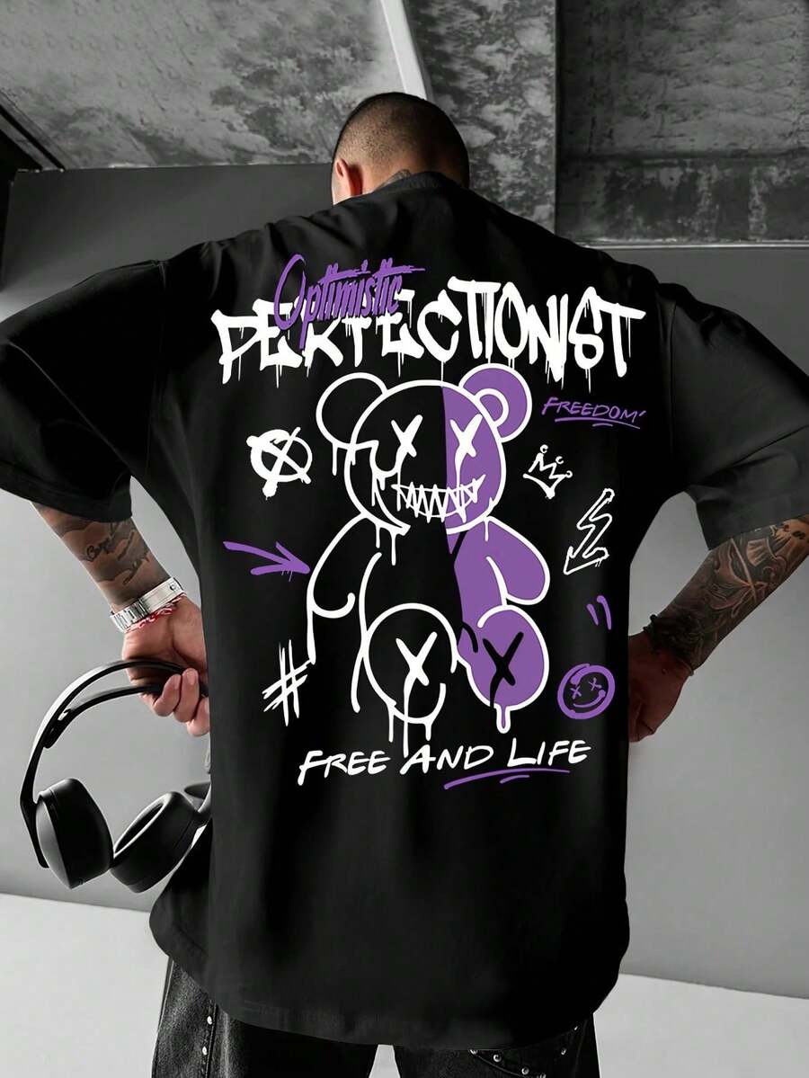 Camiseta holgada de hombre con cuello redondo y letras estilo American Street - Negro - Ver 1
