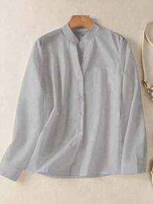 Camisa de mujer de unicolor con cuello en V y botones - Blusa casual y elegante de manga larga con detalle de bolsillo, adecuada para vacaciones, viajes y uso diario, artículo esencial para todas las temporadas de primavera - Gris - Ver 10