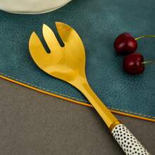 Stainless Steel Salad Fork And Spoon Set With Ceramic Handles, Extended Polka Dot Ceramic Handle Salad Spoon, Nordic Style Gold And Silver Color Salad Mixing Utensil, Kitchen Cooking And Baking Mixing Tool, High-End Gift Box Tableware, Dishwasher - View 9