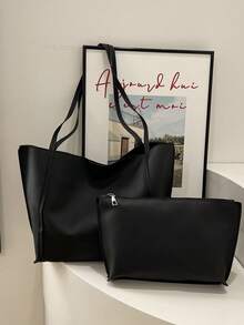 Minimalist Shoulder Tote Bag With Inner Pouch Black Vintage Tote Bag Large Capacity Solid Color Shoulder Bag With Insert Fouch,School Bag,Large Capacity,Portable,Classic Casual,BusinessCasual,For Teen Girls Women College Students,White-Collar Workes, - Black - View 2