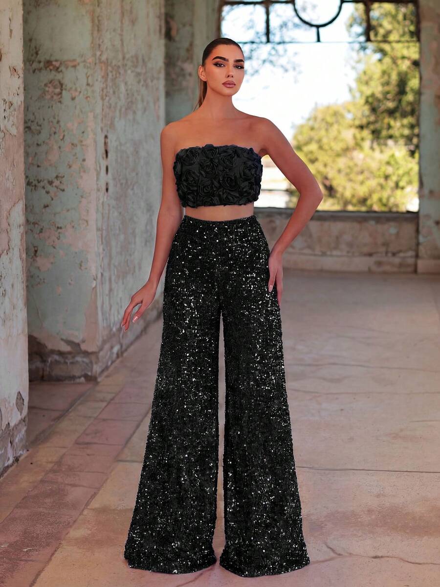 Set de 2 piezas: Pantalones elegantes con lentejuelas brillantes y top tubo corto con flores 3D, perfecto para boda de verano, fiesta en la playa o una encantadora cita nocturna, Día de San Valentín - Negro - Ver 1
