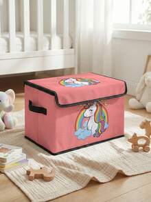 1pc Large Capacity Foldable Storage Box, Pony Pattern Printed Covered Storage Basket With Handle, Multipurpose Storage Container For Nursery, Bedroom, Baby Clothes, Underbed, Toys - Multicolor - View 3