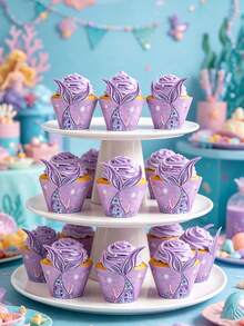 6pcs Purple Mermaid Tail Cupcake Decoration Set, Includes Cake Decoration Holder, Suitable For Mermaid Theme Birthday Party, Baby Shower Party, Children's Mermaid Party, Ocean Theme Cake Decoration - Mermaid - View 6