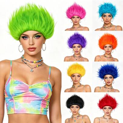 Multi-Color Unisex Spiky Short Wig, Fluffy And Voluminous Style, Perfect For Cosplay, World Cup Football Fan Support, Party, Music Festival, Halloween Costume, Stage Performance, Themed Events, Holiday Gathering, Bar Clubbing, Electric Music Festival, Sports Game Cheering, Breathable Inner Cap, Comfortable And Easy To Wear, Ideal For Men And Women Full Head Wig