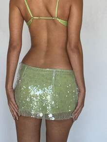 Women Y2K Sequin Mini Skirt Low Waist Sparkle Beaded Short Skirt Glitter Shiny Bodycon Skirt Night Out Party - 綠色 - 查看 5