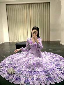 Women's Elegant Modern Romantic Floral Print Long Sleeve Ruffle Patchwork Design Luxurious Swing Dress With Ruffled Hem - Mauve Purple - View 5