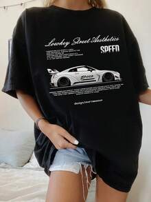 Camiseta de moda femenina de verano de manga corta camiseta de moda casual al aire libre 'letras y coches' estampados camisa casual femenina con patrones relajados - Negro - Ver 2
