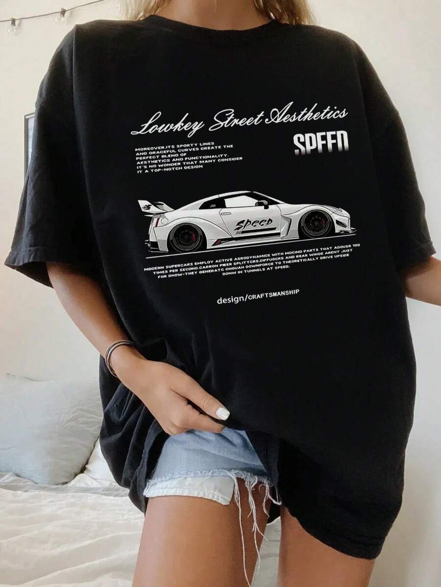 Women's Summer Fashion Short Sleeve T-Shirt Casual Outdoor Fashion T-Shirt 'Letters And Cars' Print Casual Shirt With Relaxed Patterns - 黑色 - 查看 1