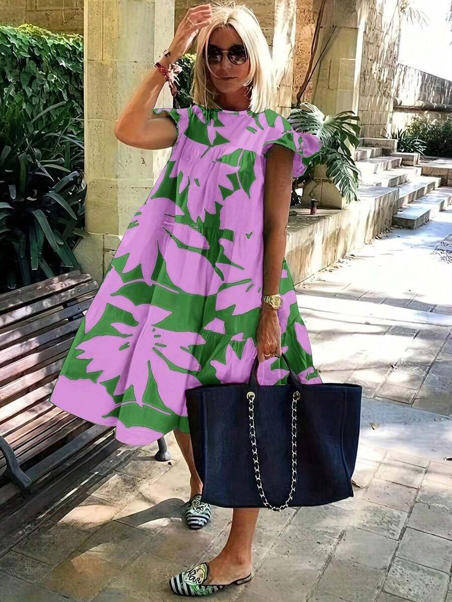 Casual Dress With Floral Print And Ruffled Hem For Spring/Summer Holidays - 紫色 - 查看 1
