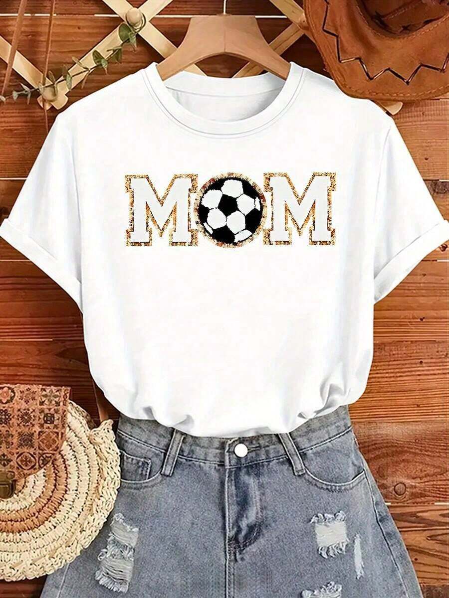 Women's Soccer Mom Pattern Printed T-Shirt - Casual Short Sleeve Crew Neck Top With Leopard Print Decoration, Mixed Gray Color, Machine Washable, Comfortable For Sporty Moms And Everyday Wear, Soft And Durable Fabric, Casual Wear, Comfortable Material, Everyday Basic T-Shirt - 白色的 - 查看 1