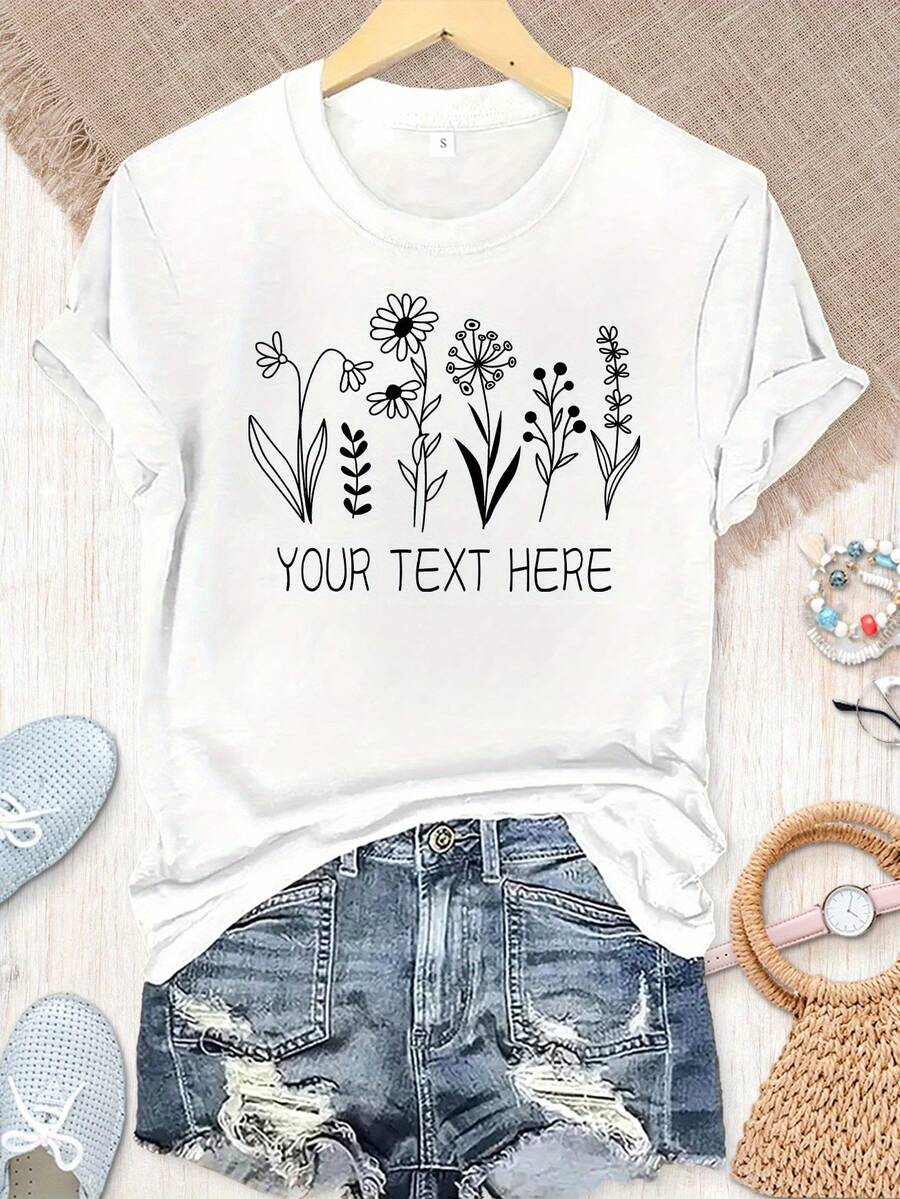 Camiseta manga corta cuello redondo 100% algodón, estampado trendy, tejido ligero y ventilado, estilo moda casual, apta para vida diaria, salidas informales y citas en primavera, verano y otoño - Blanco - Ver 1