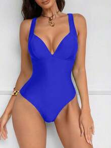 Traje de baño de una pieza con control de abdomen y push-up, con parches de color marrón, cordón de ajuste elegante y sexy, para fiestas y piscina - azul real - Ver 8