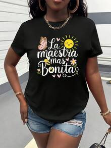 La Camiseta Estampada de la Profesora Más Hermosa, Ropa de Mujer de Manga Corta y Cuello Redondo, Estilo Dulce y Lindo, Adecuada para Uso Diario, un Gran Regalo para el Día del Maestro - Negro - Ver 6