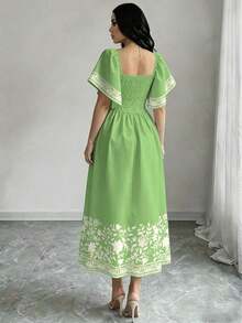 Vestido de manga corta con cuello cuadrado y estampado floral, vestido de longitud media con cintura ceñida, vestido marrón con estampado floral - Multicolor 5 - Ver 2